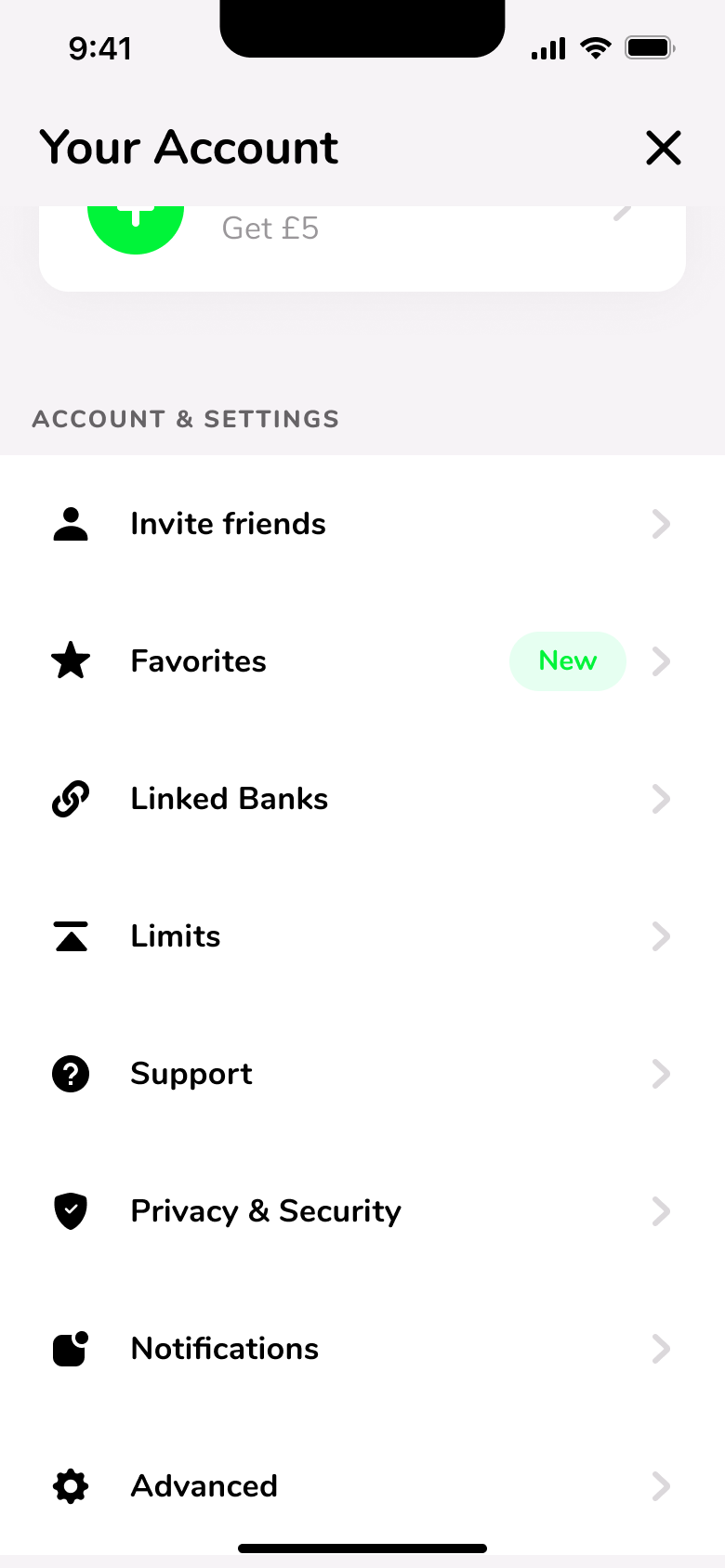 Account and settings menu: invite friends, favourites, linked banks, limits, support, privacy, notifications and advanced.