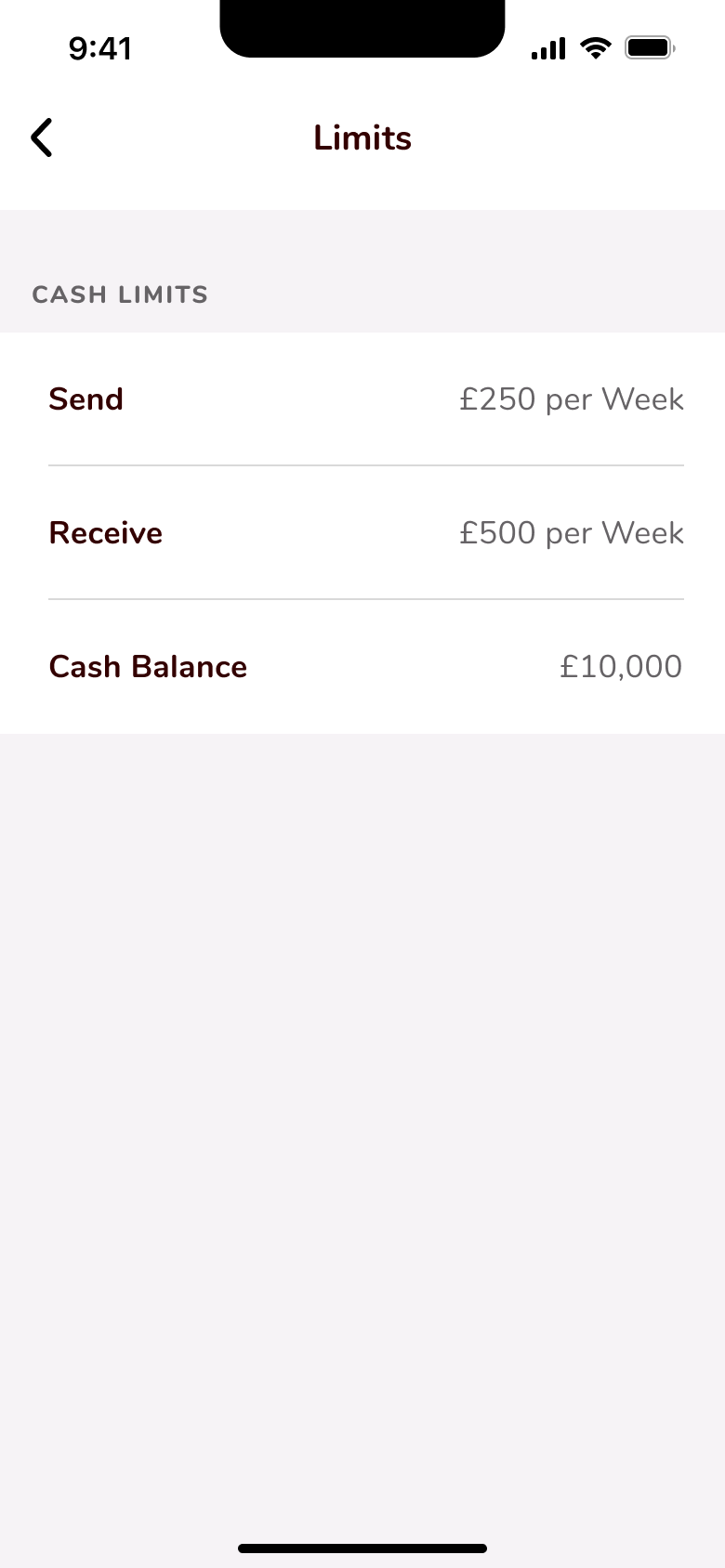 Limits: weekly send and receive limits and cash balance cap.