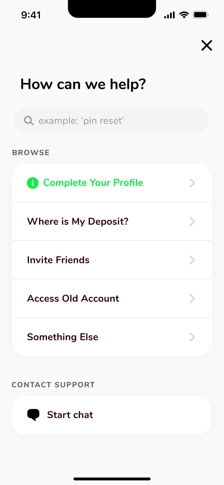 How can we help: search, browse topics and start chat with support.
