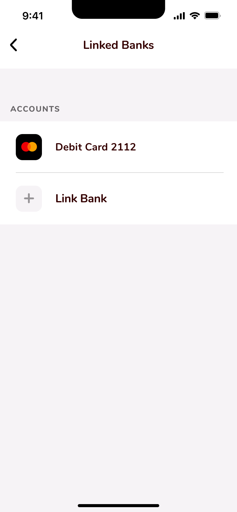 Linked banks: debit card and link bank row.