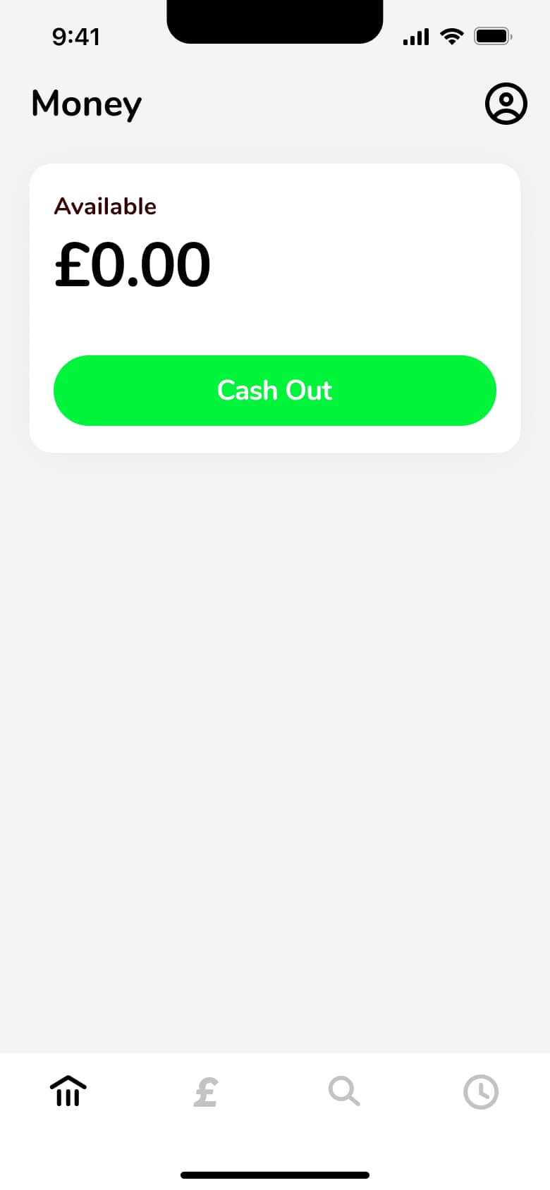 Money tab: available balance card with cash out button.