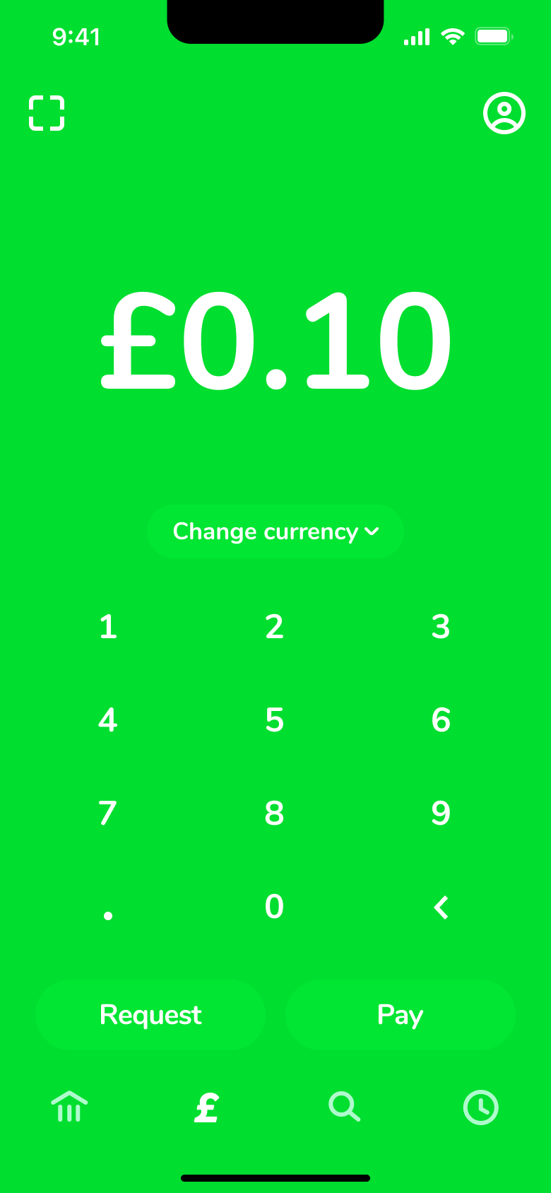 Money pad with ten pence entered.
