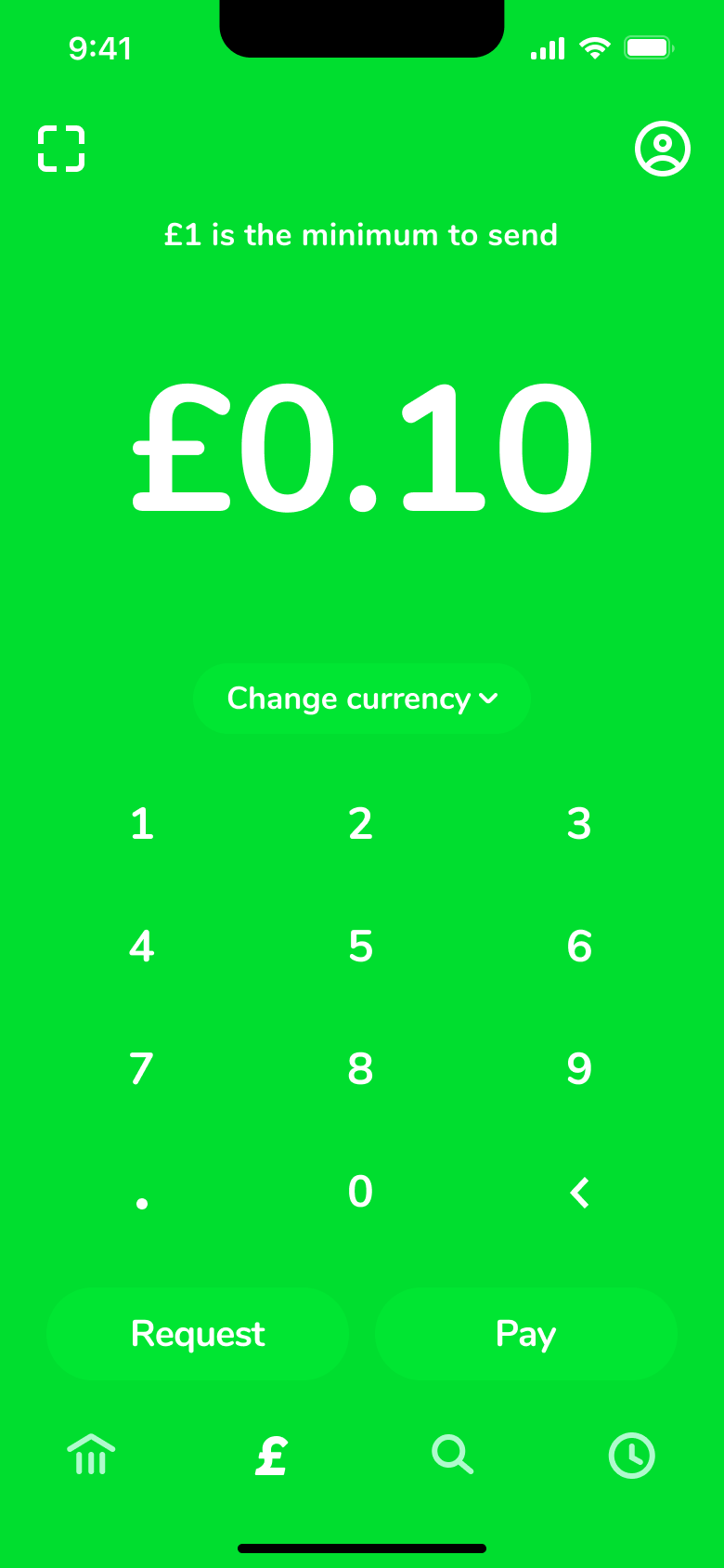 Money pad warning that one pound is the minimum to send.