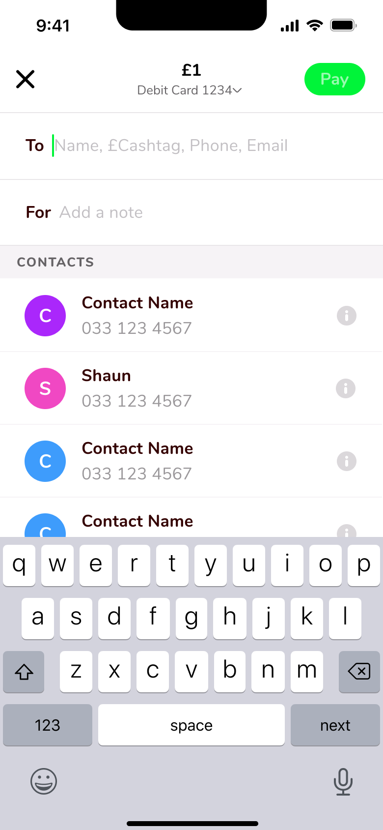 Pay: choose recipient by name, username, phone or email with contacts list.