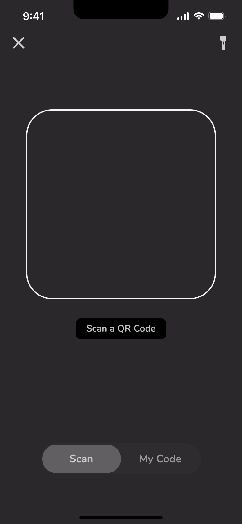 QR scanner frame with scan a QR code label.