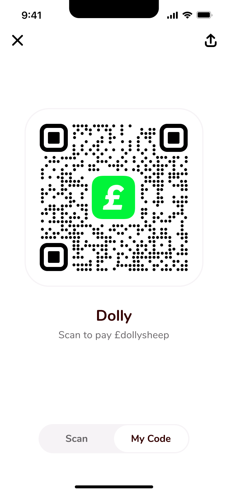 My code: personal QR to scan to pay, with share button.