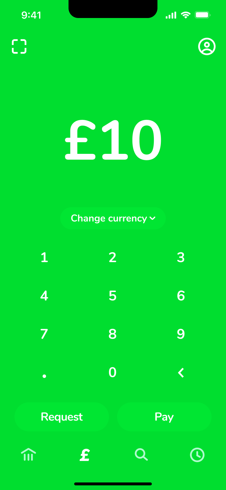 Money pad with amount entered for request or pay.