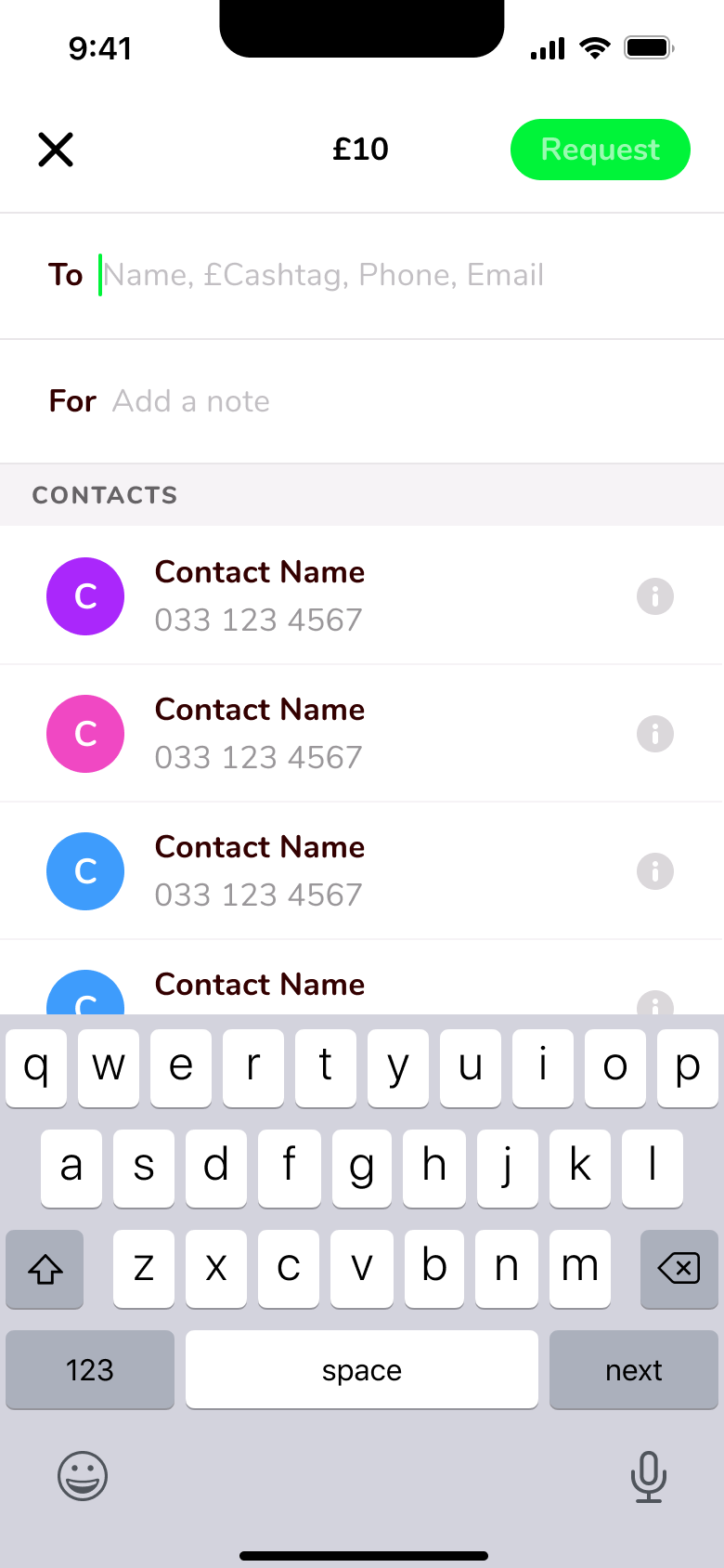 Request money: to and for fields with contacts list.