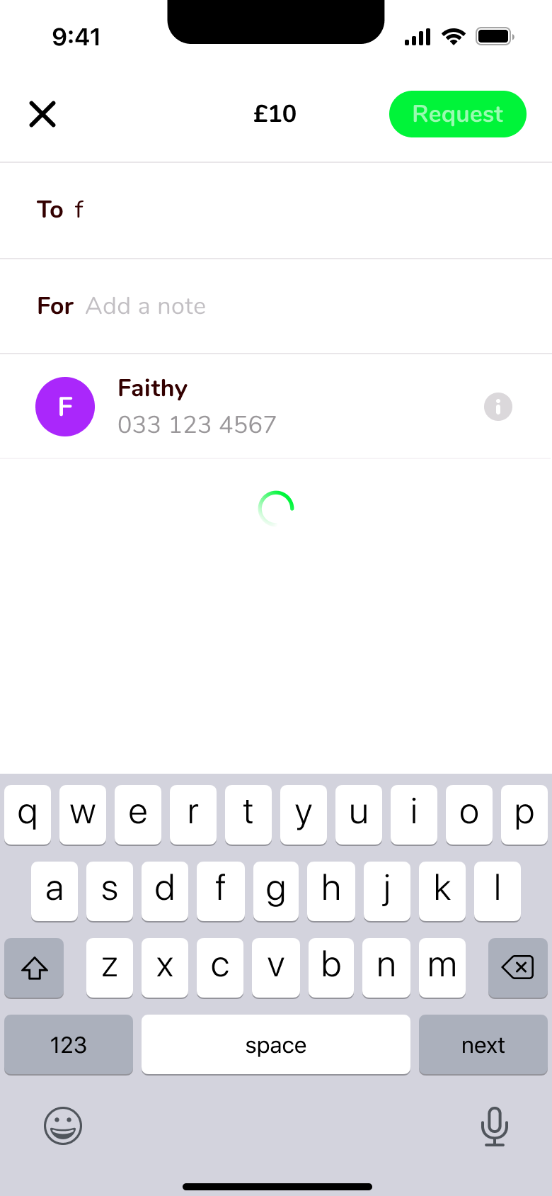 Request recipient search with a matching contact and loading.