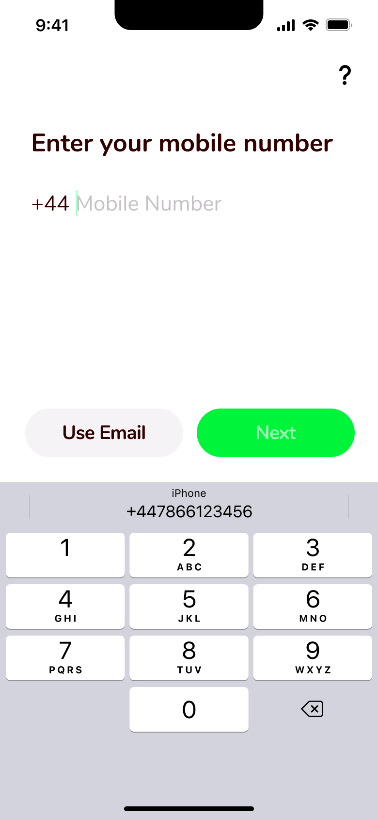 Enter your mobile number with use email option and numeric keypad.