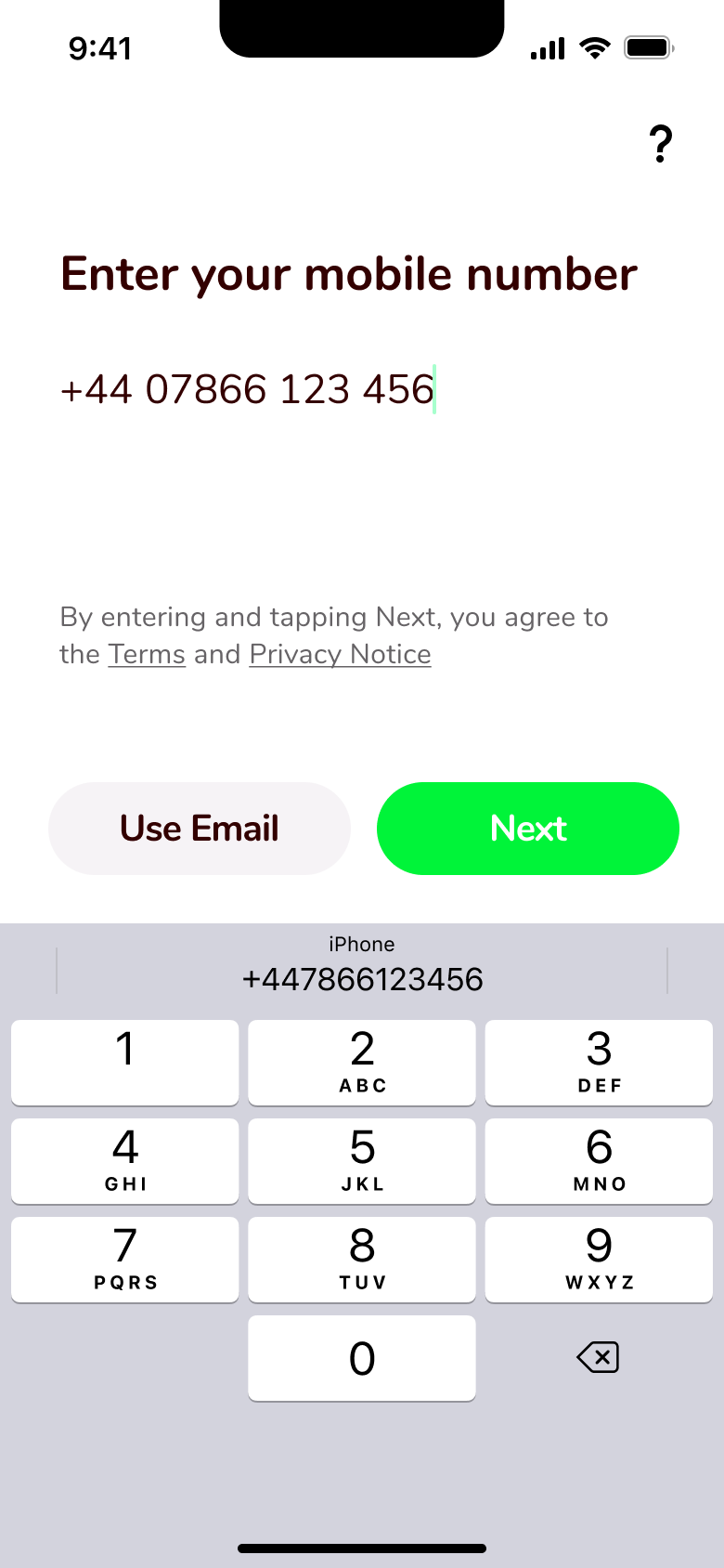 Full mobile number entered with terms and privacy consent note.