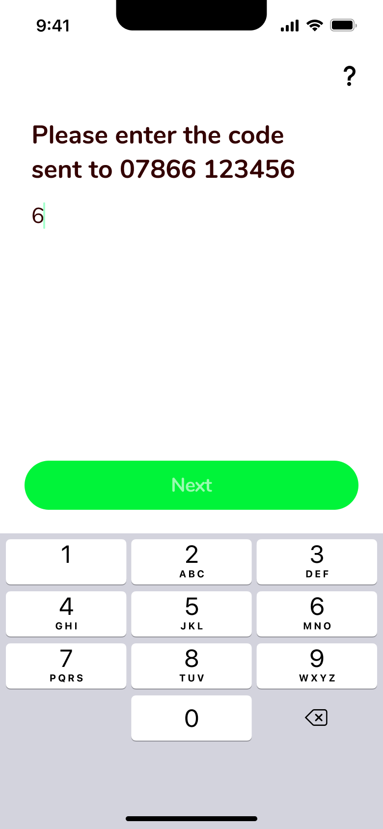 First digit of confirmation code entered.
