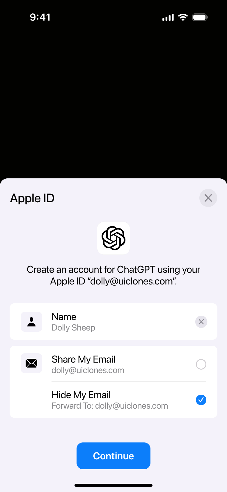 Apple ID sign-in sheet: name and hide my email selected, continue.