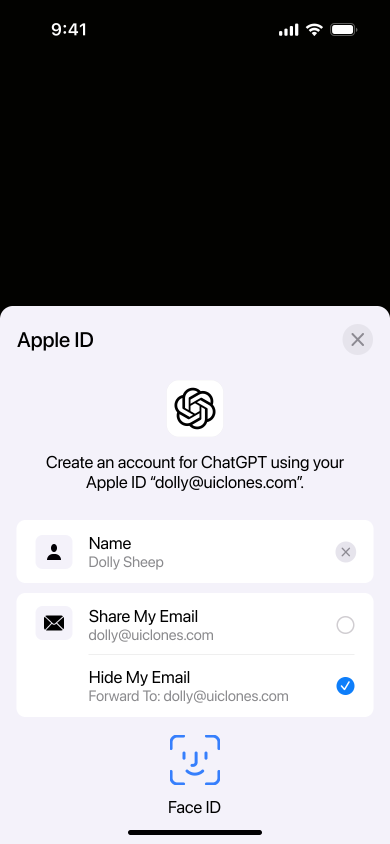 Apple ID sheet with face scan prompt.