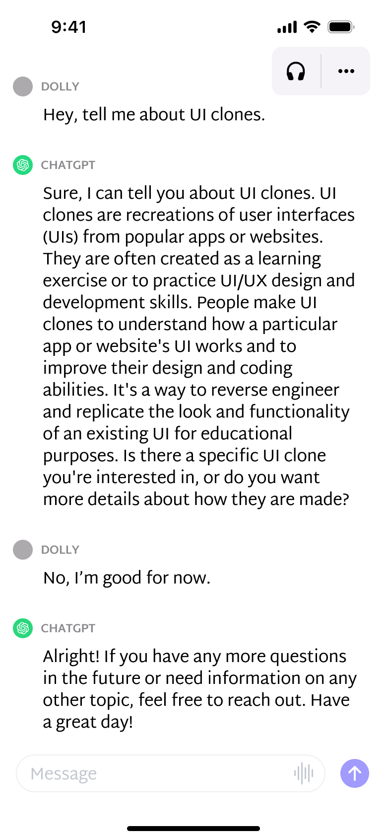 Voice conversation transcript saved in chat.