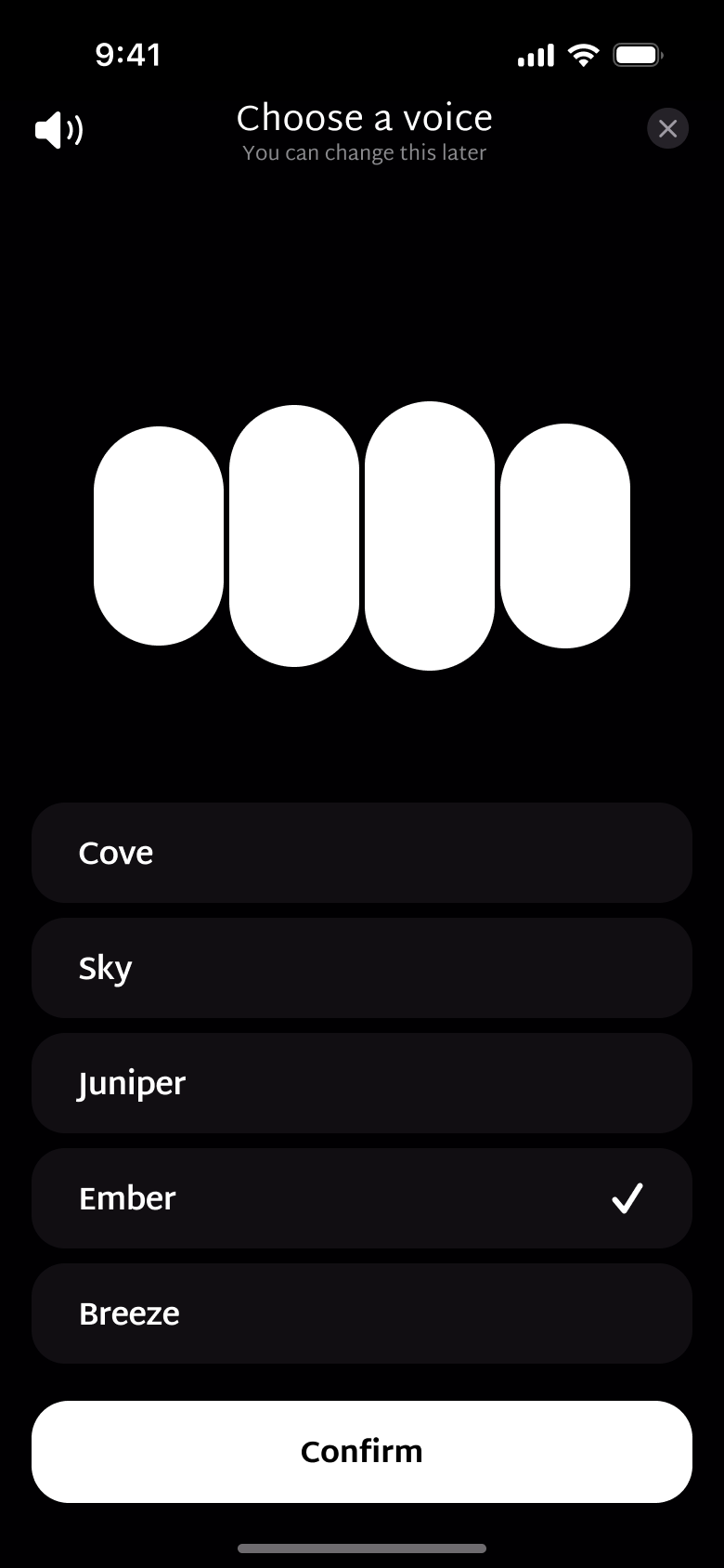 Choose a voice: list of voices with one selected.