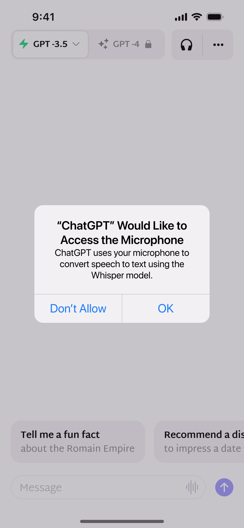 Microphone access system alert over new chat.