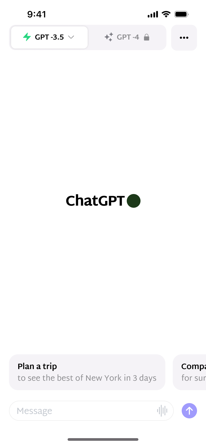 New chat: model switcher, logo, suggested prompts and message field.