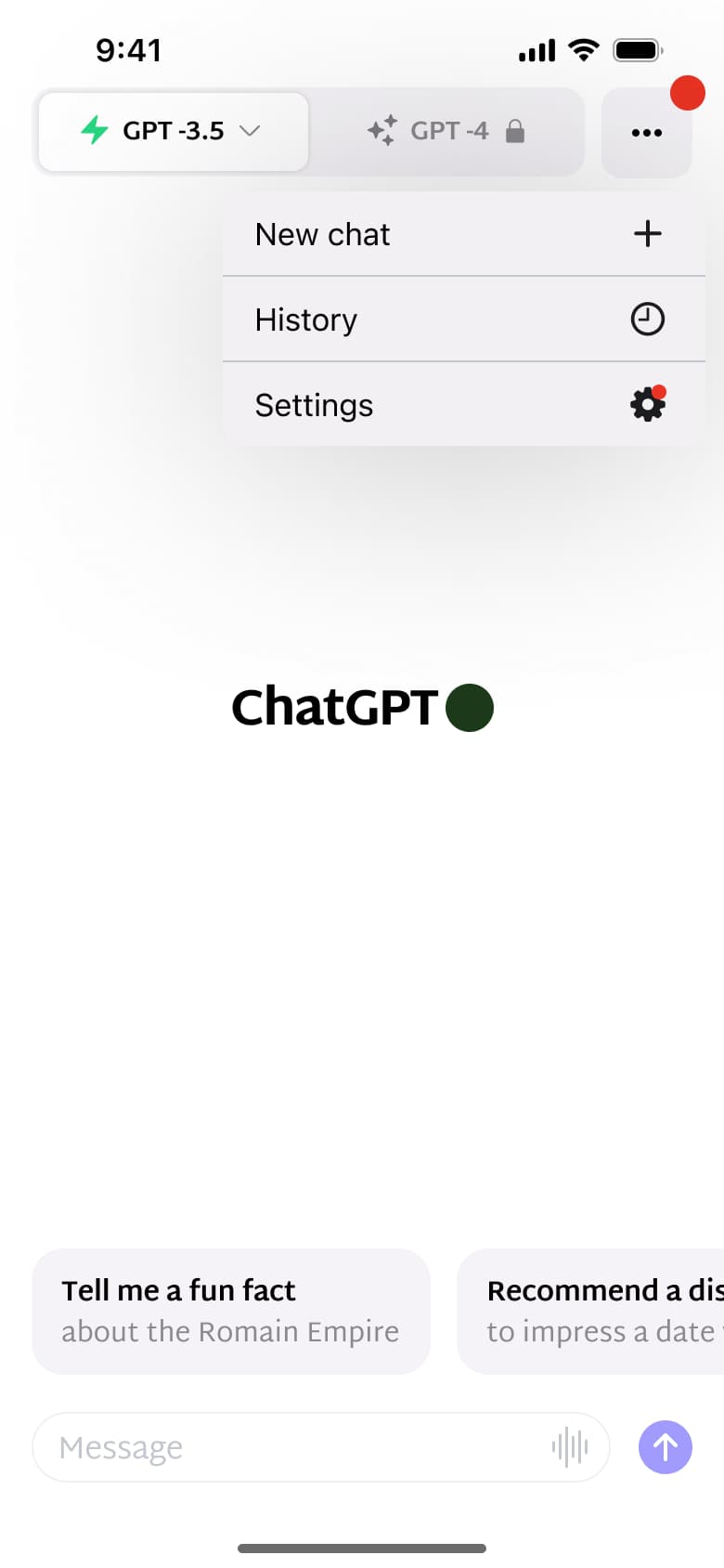 Menu: new chat, history and settings.