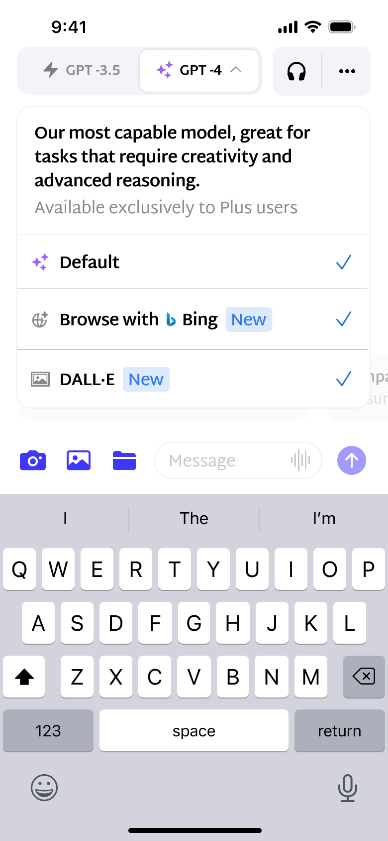 Model 4 menu: default, browse with web and image generation.