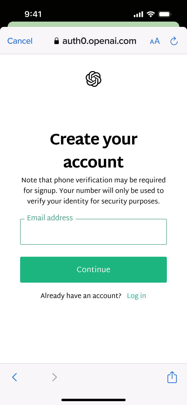 Create your account web view: email address with continue.