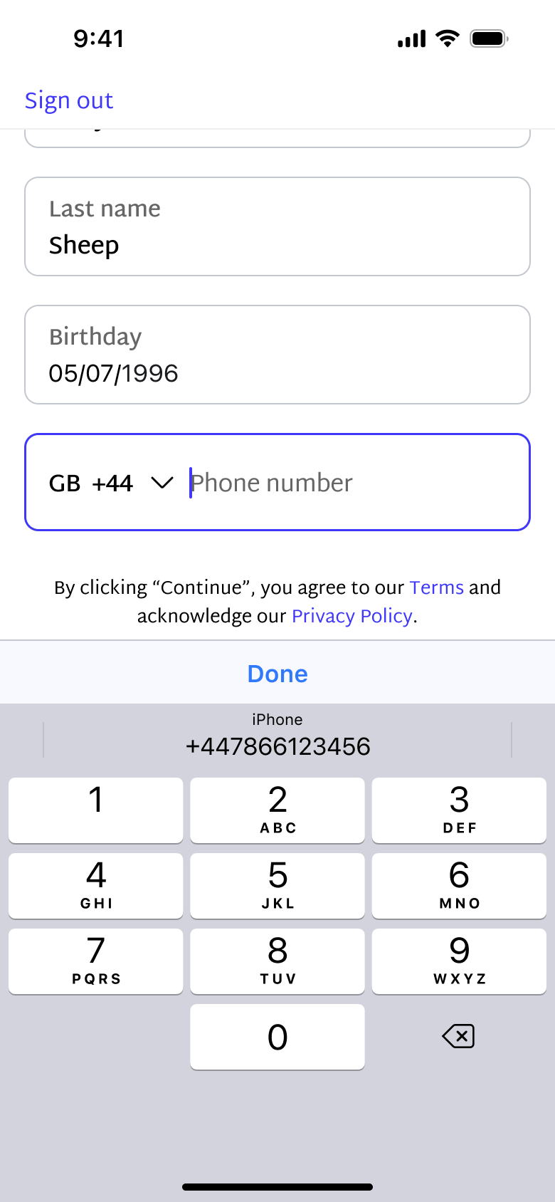 Phone number field focused with autofill.