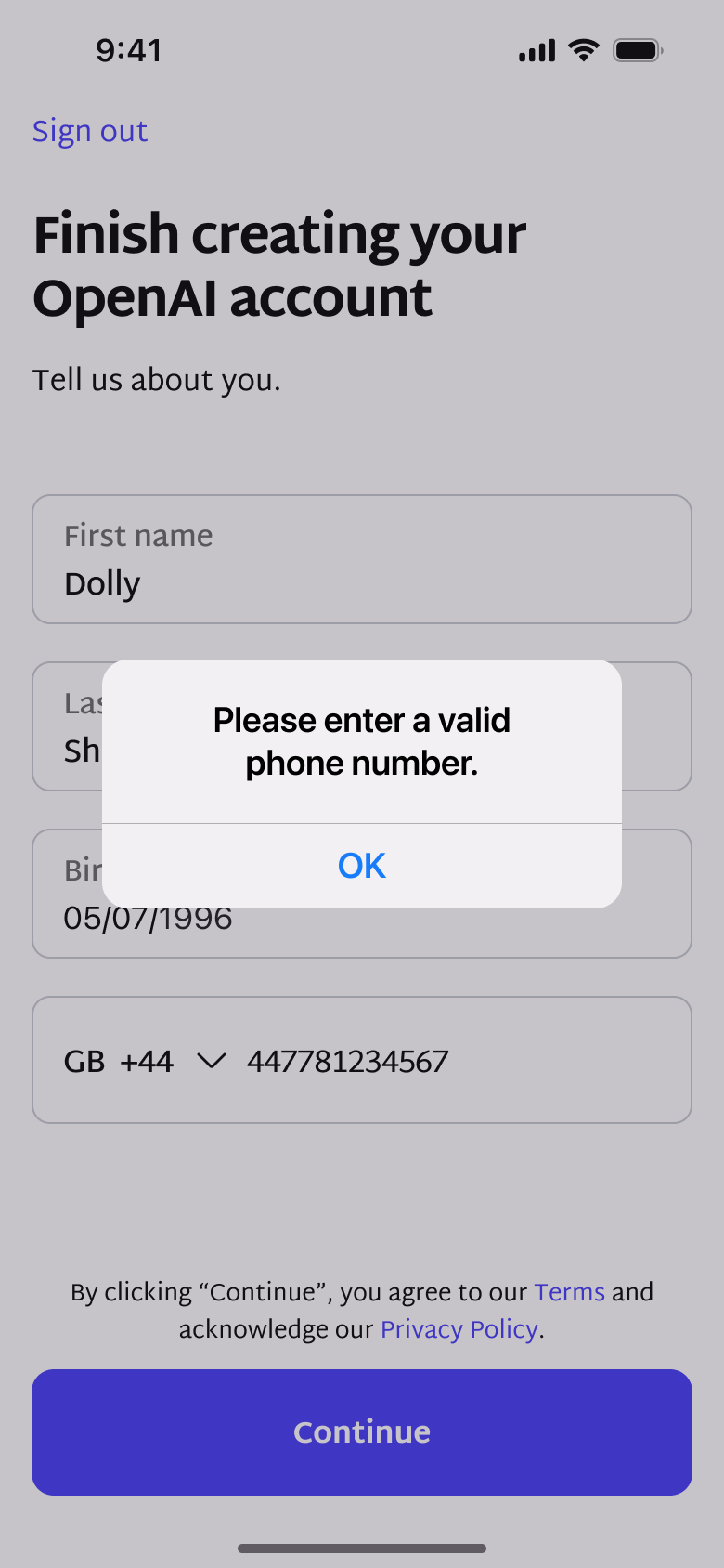 Please enter a valid phone number alert.