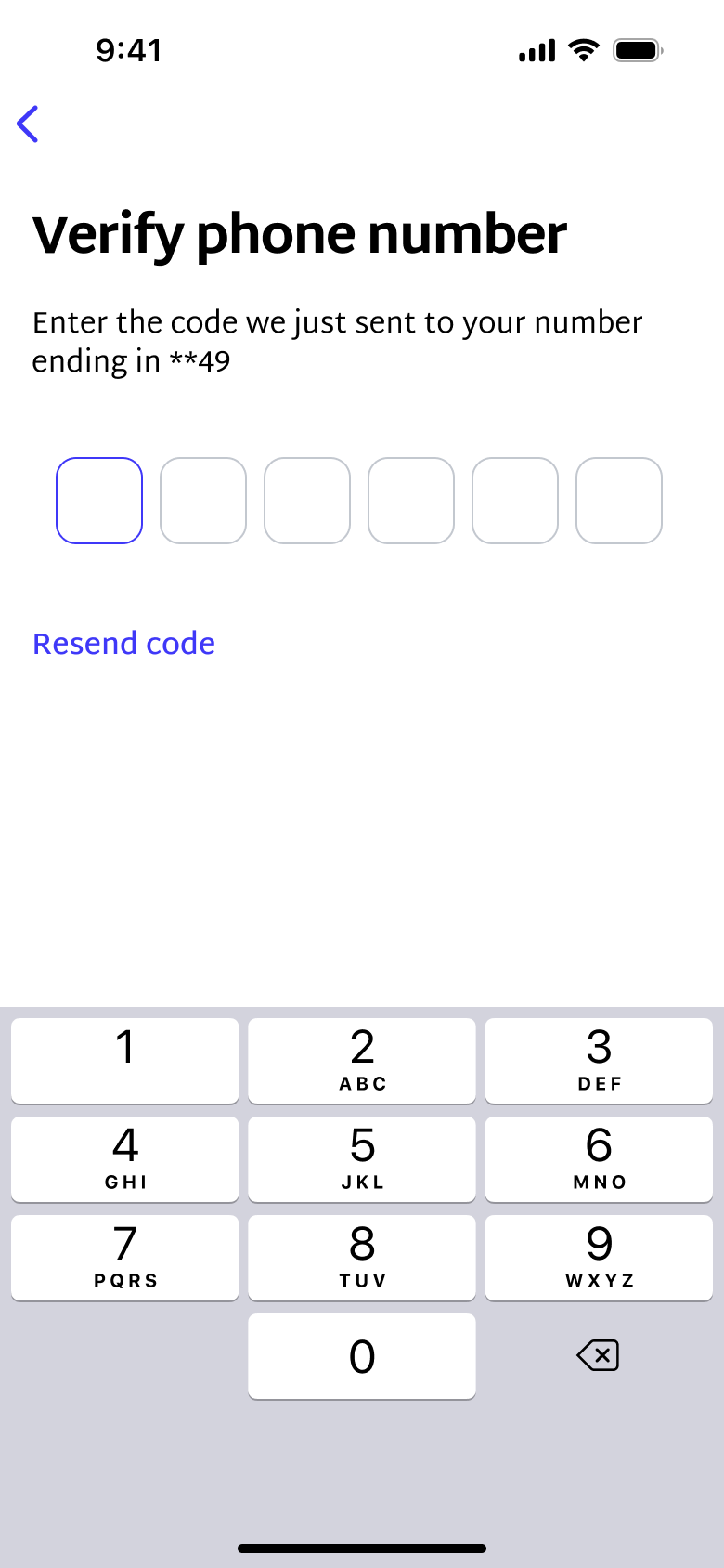 Verify phone number: six-digit code entry.