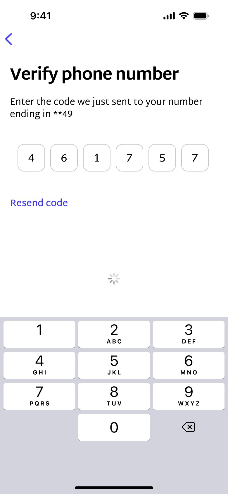 Phone code entered and verifying.