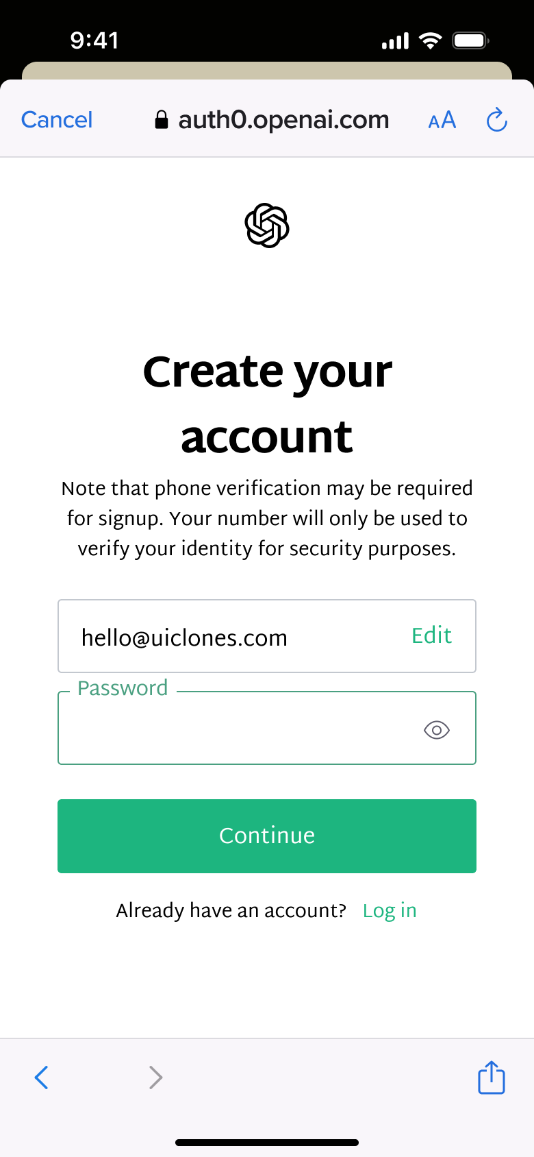 Create account: email and password fields.