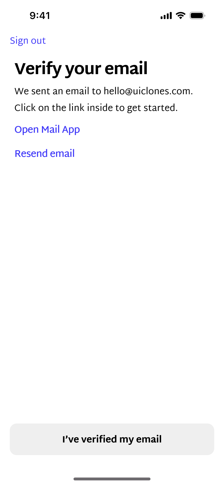 Verify your email: open mail app, resend, I've verified.