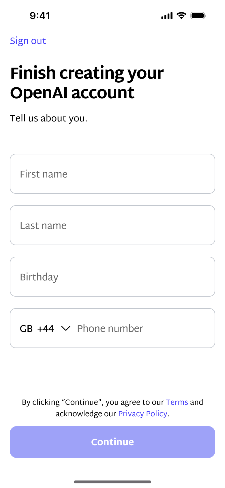 Finish creating account: name, birthday and phone.