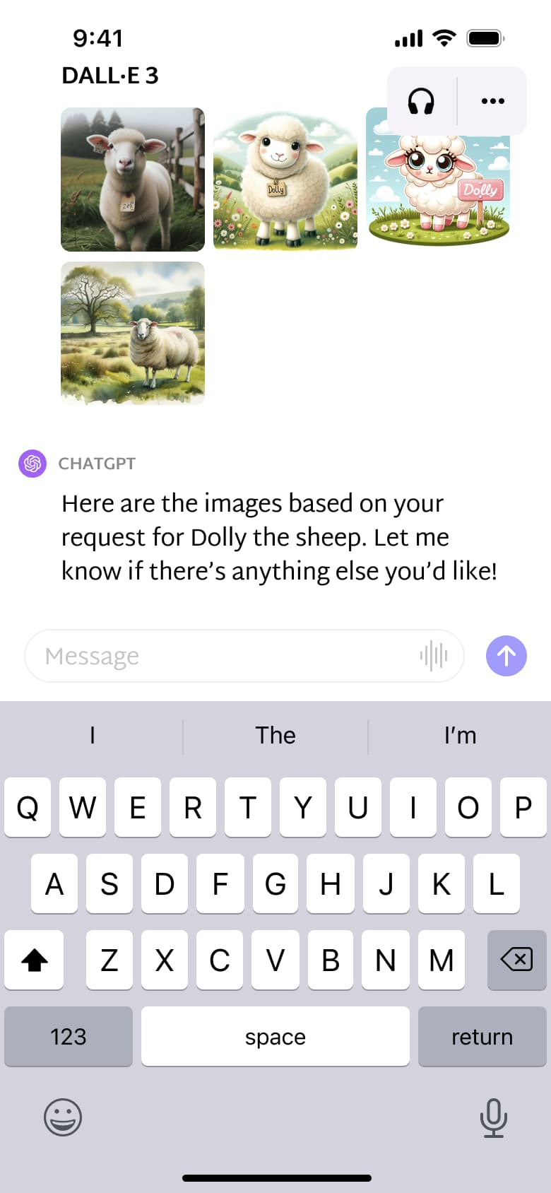 Four generated images in chat with assistant reply.
