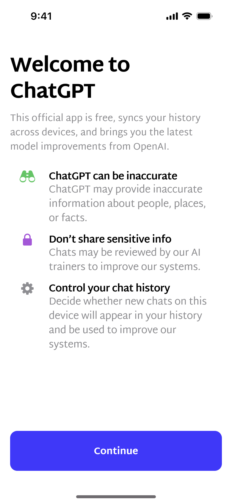 Welcome notes with continue.