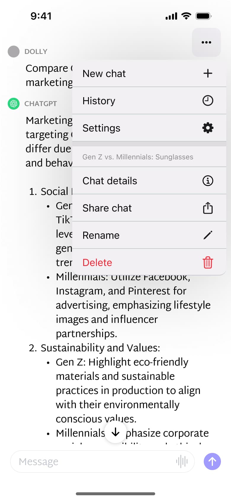 Chat menu: new chat, history, settings, details, share, rename and delete.