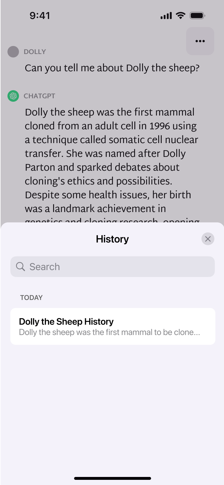 History sheet: search and today's chats.