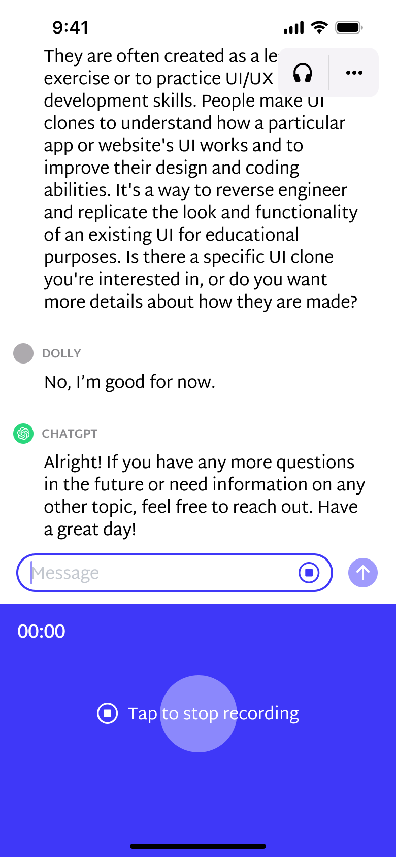 Hold to dictate: recording timer with tap to stop.