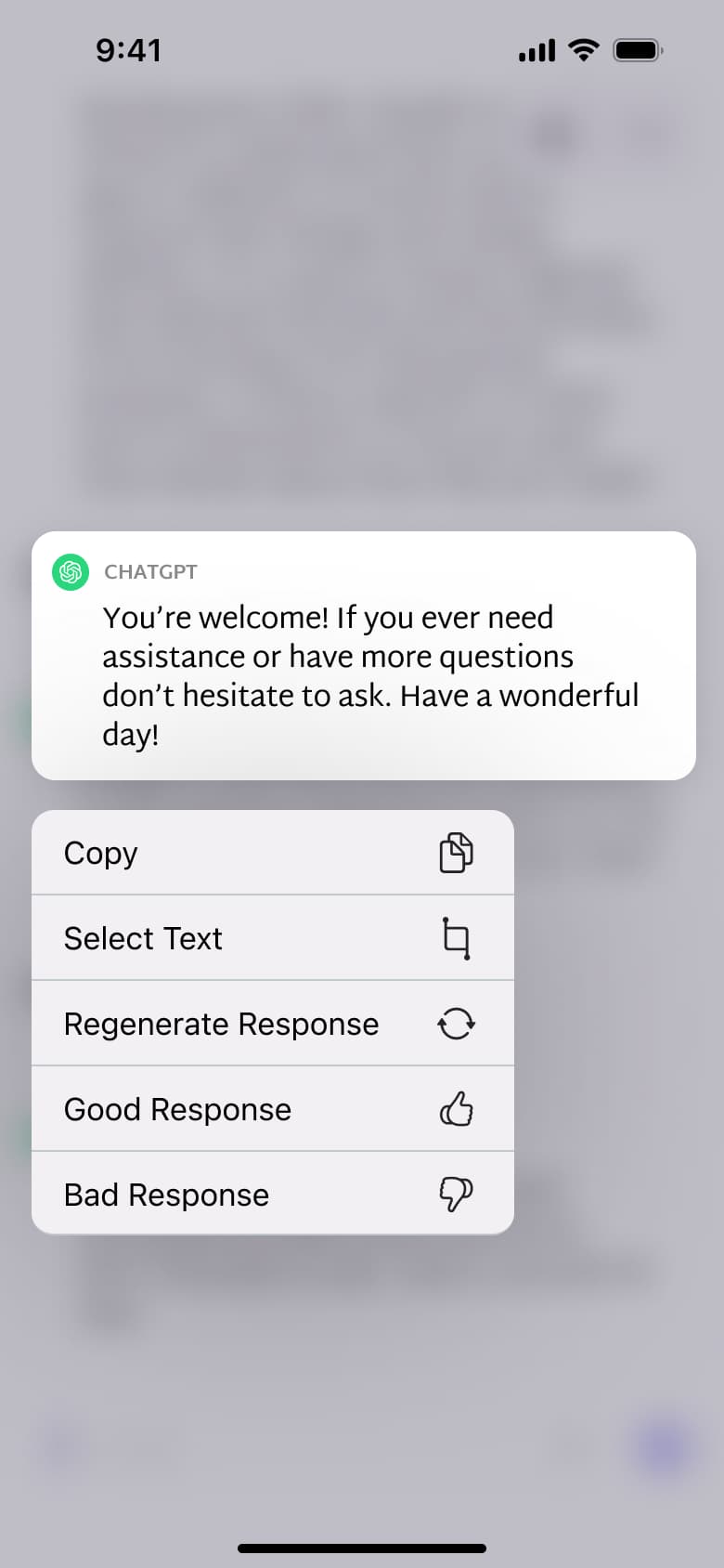 Message long-press menu: copy, select text, regenerate and rate.