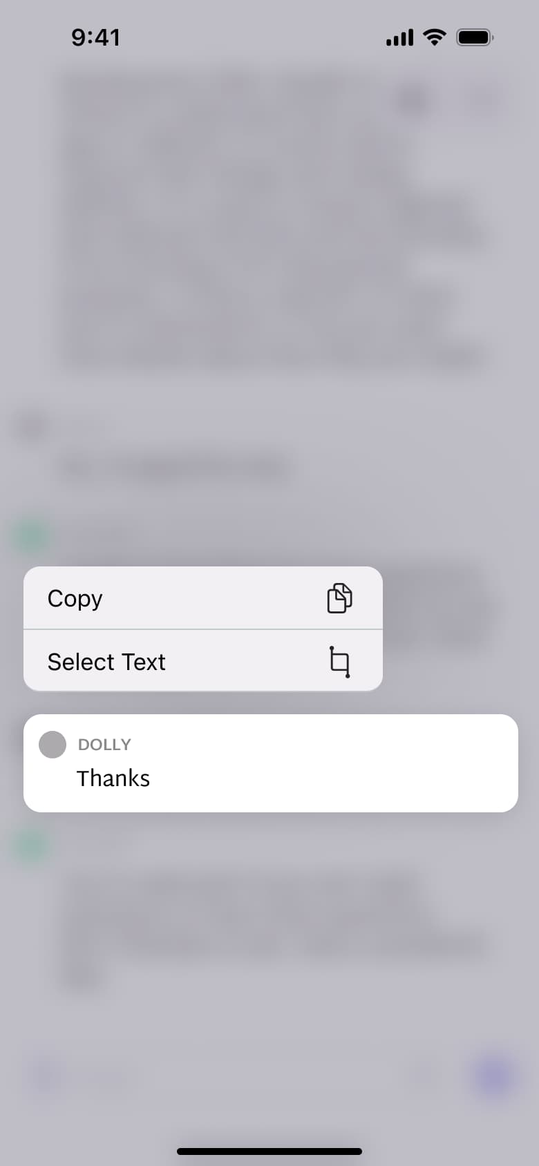 User message long-press menu: copy and select text.