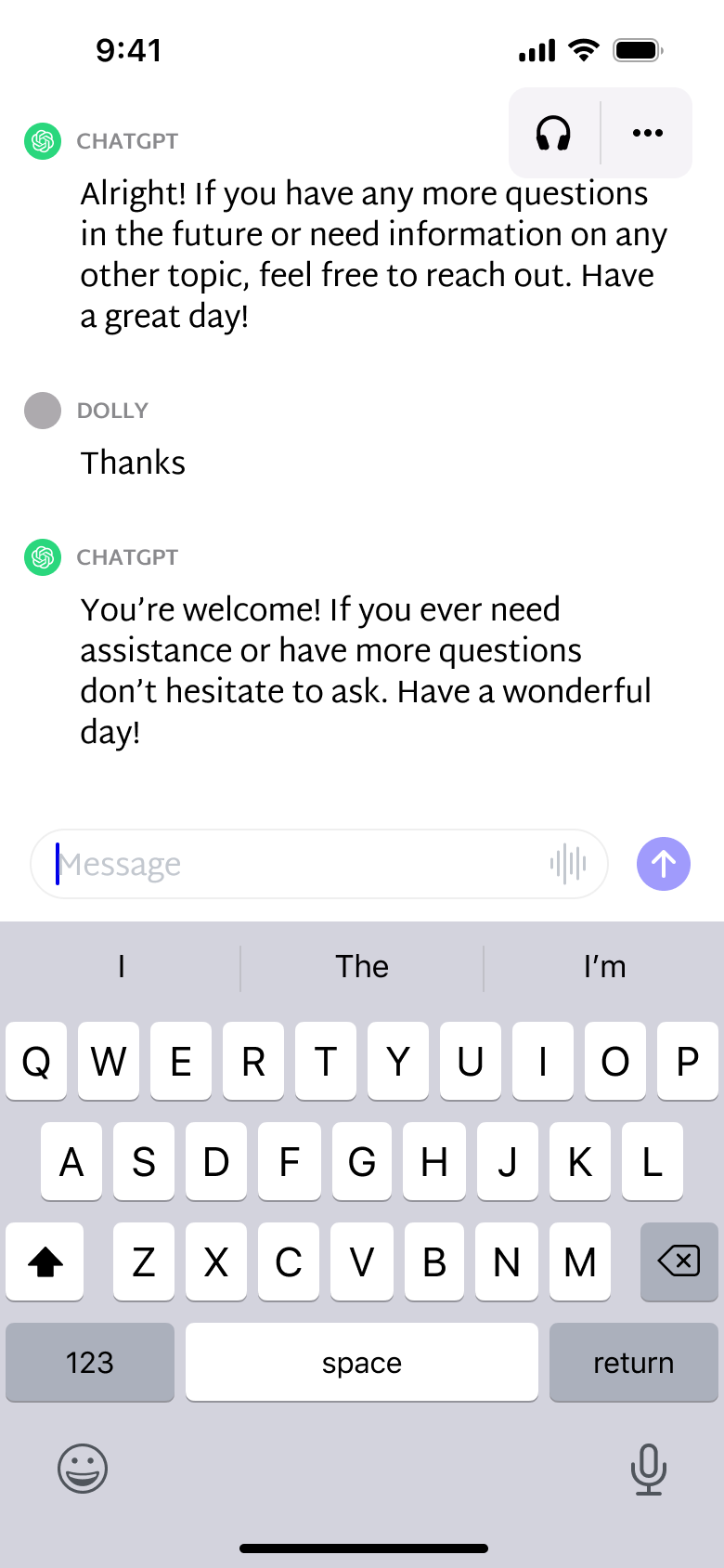 Chat thread with message being typed and sent.