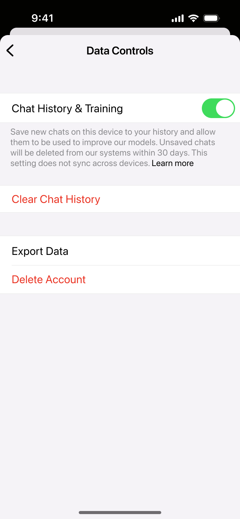 Data controls: chat history toggle, clear history, export and delete account.