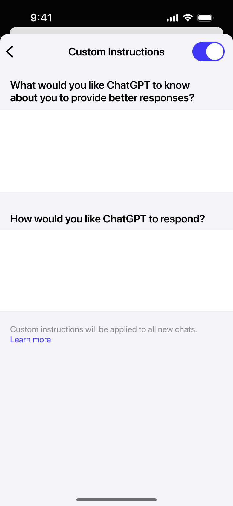Custom instructions: what to know about you and how to respond.
