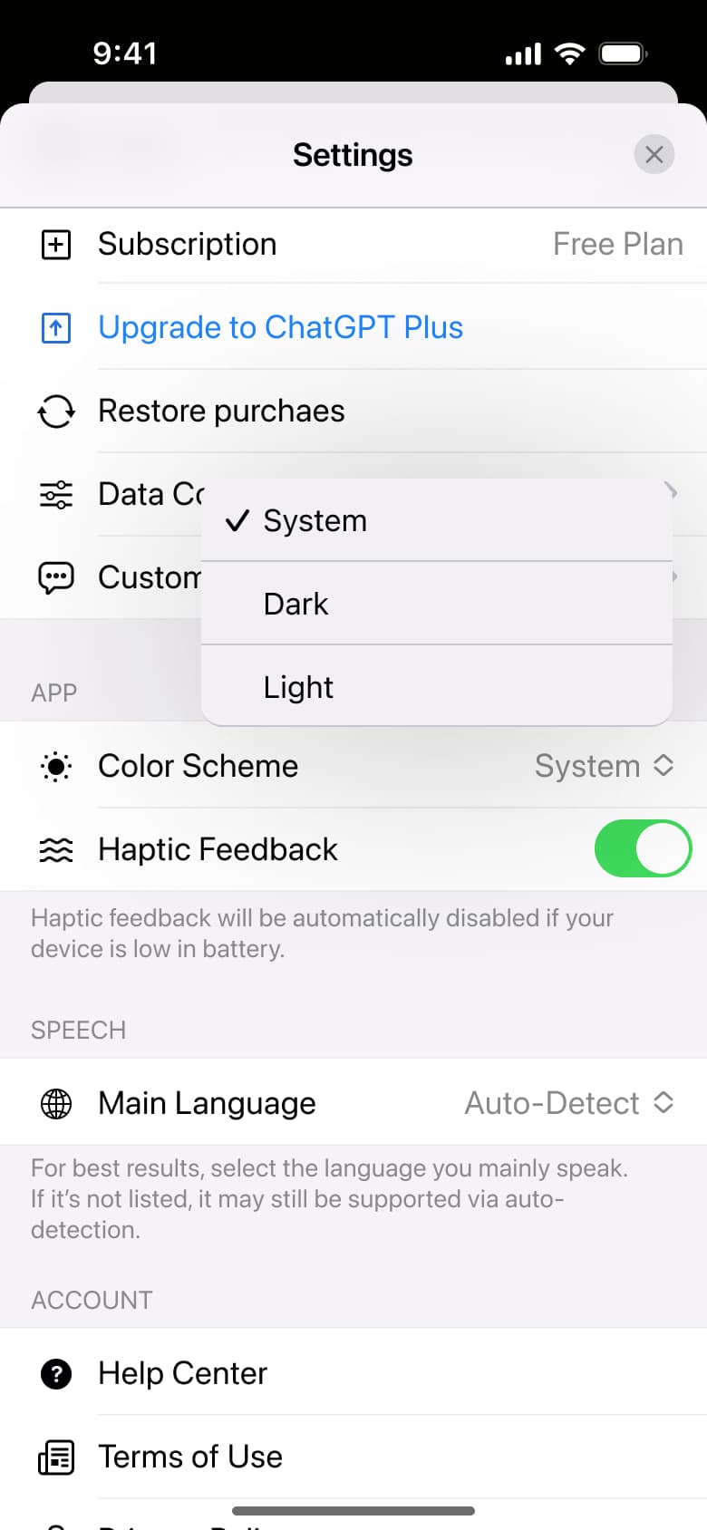 Settings with colour scheme menu: system, dark, light.