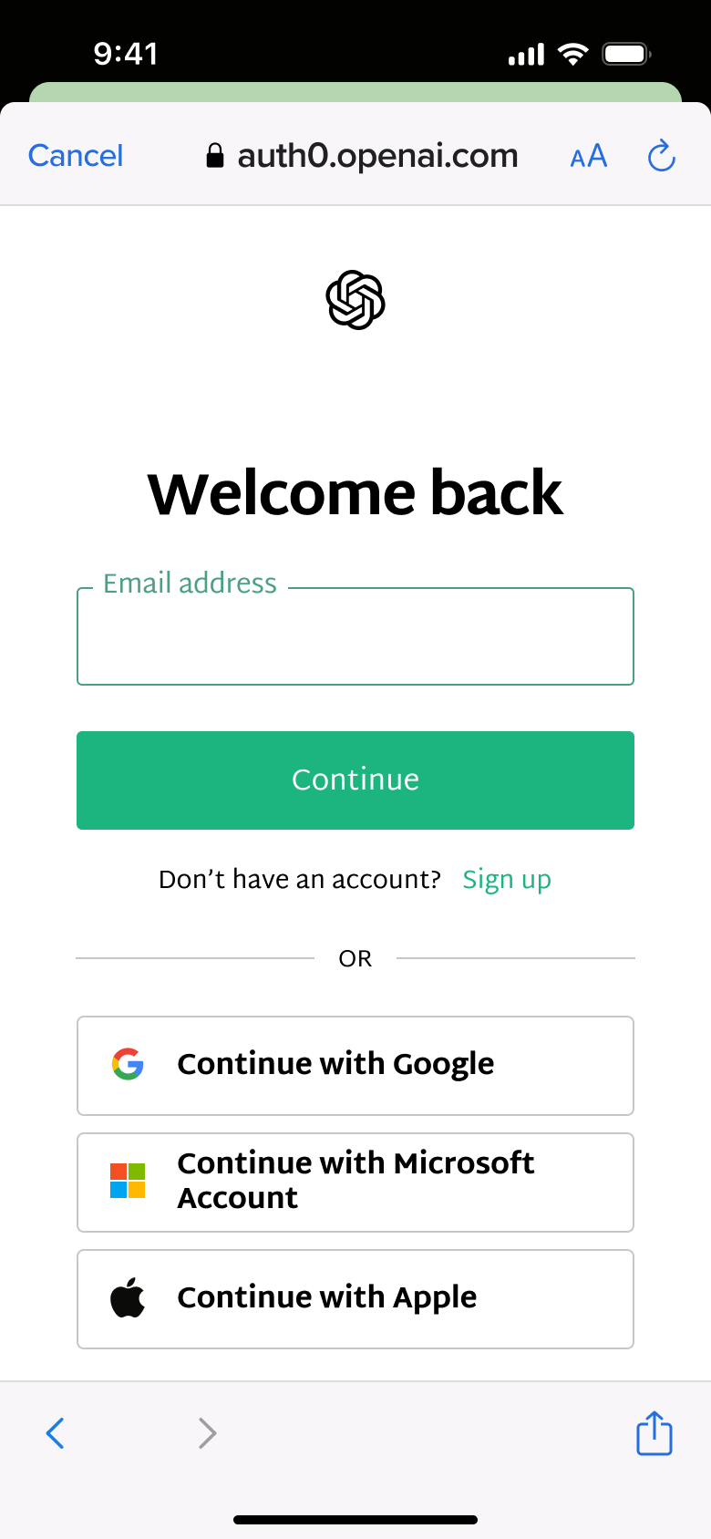 Welcome back web view: email and social log-in options.