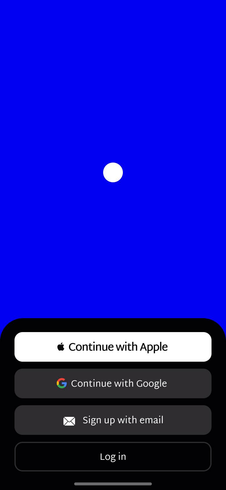 Animated welcome on a colour field with typing phrase, Apple, Google, email sign-up and log in.
