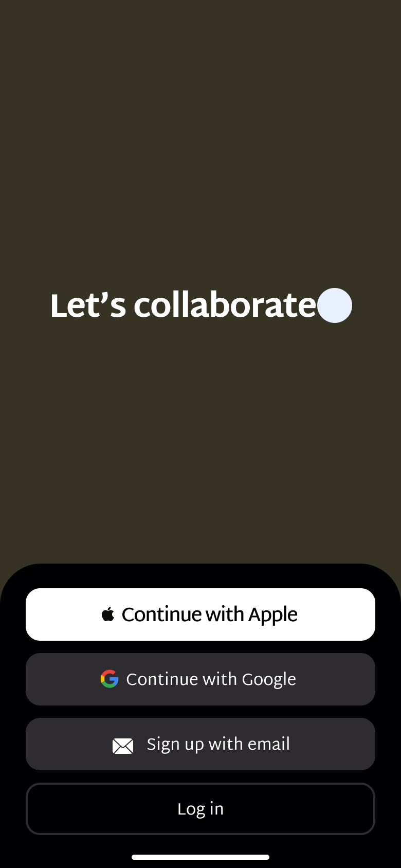 Animated welcome on a colour field with typing phrase, Apple, Google, email sign-up and log in.
