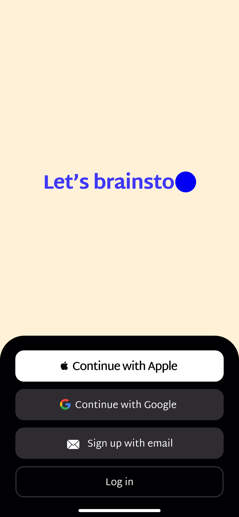 Animated welcome on a colour field with typing phrase, Apple, Google, email sign-up and log in.