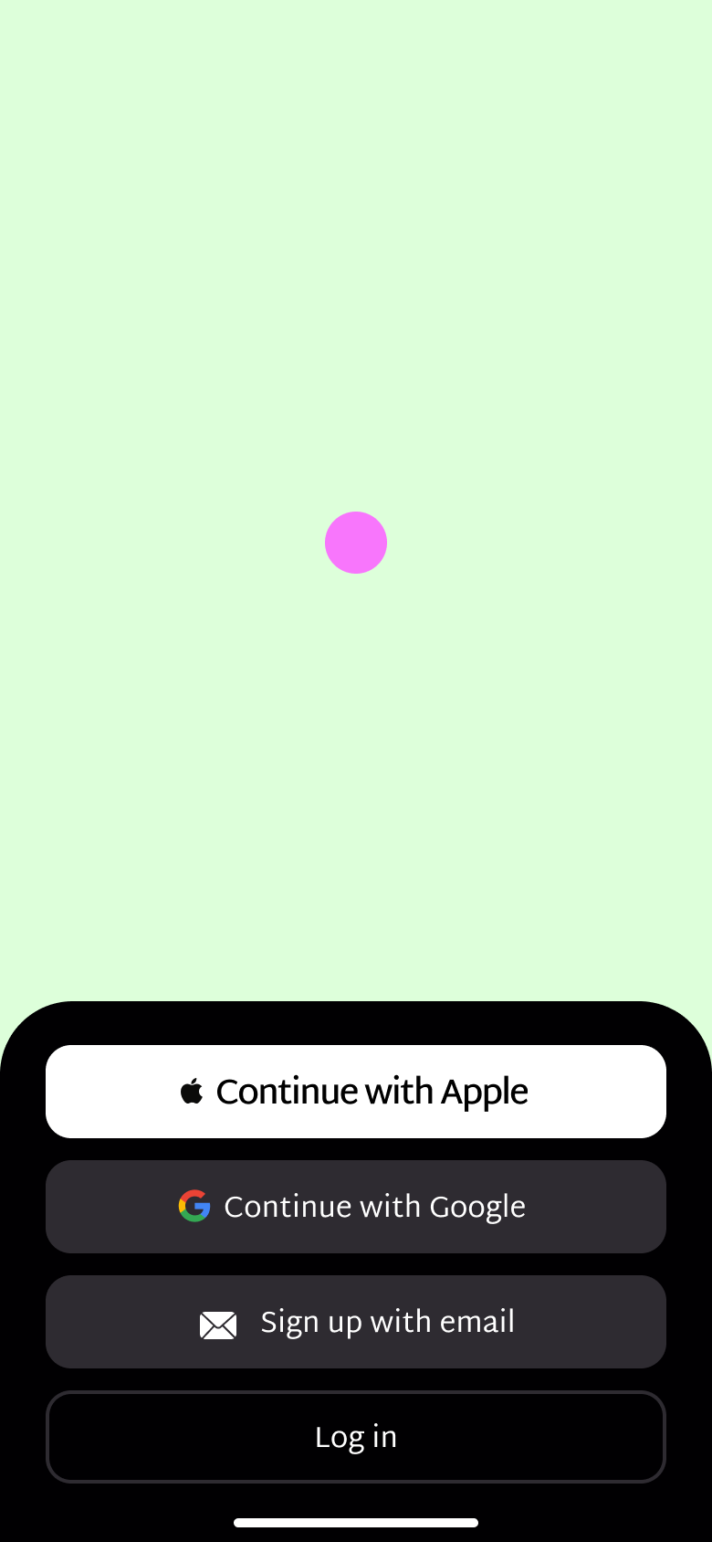 Animated welcome on a colour field with typing phrase, Apple, Google, email sign-up and log in.