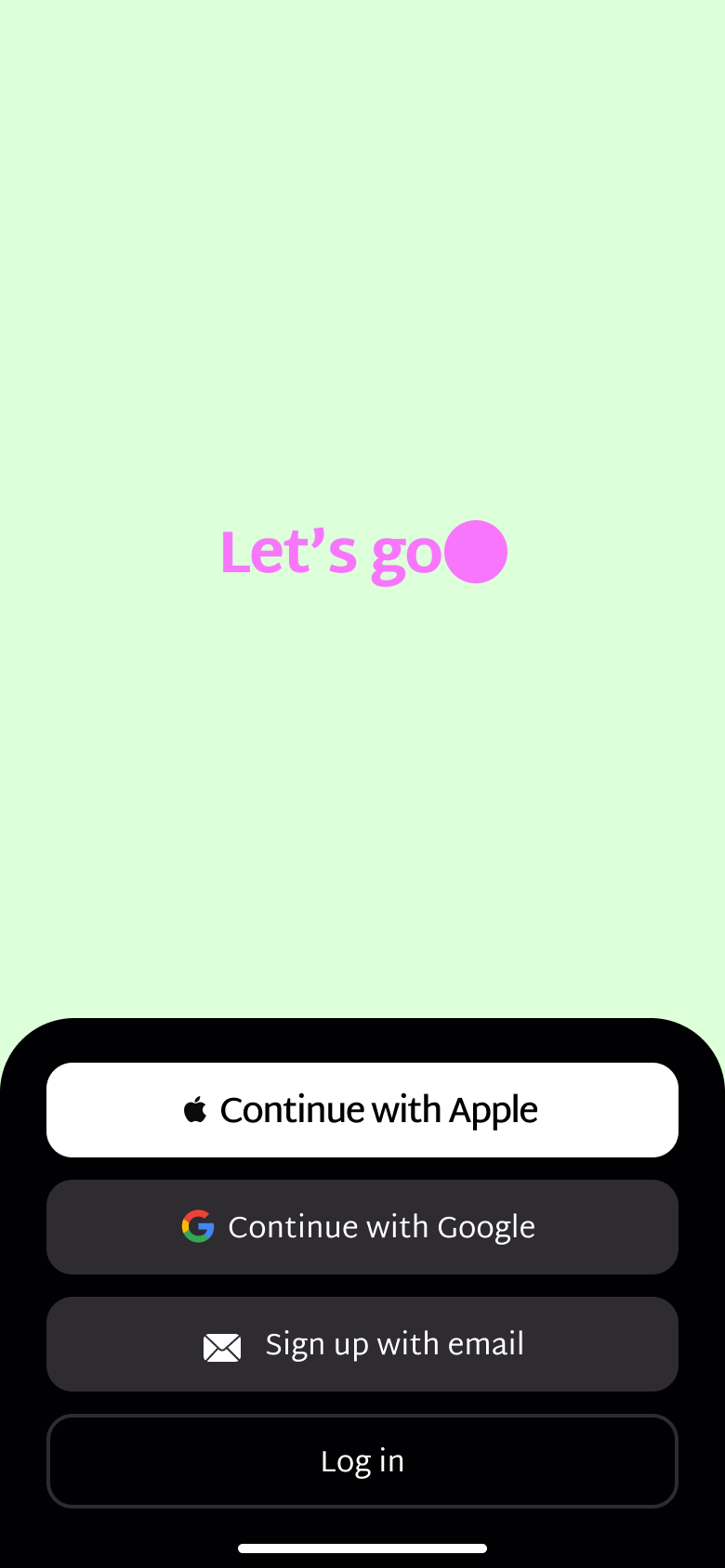 Animated welcome on a colour field with typing phrase, Apple, Google, email sign-up and log in.