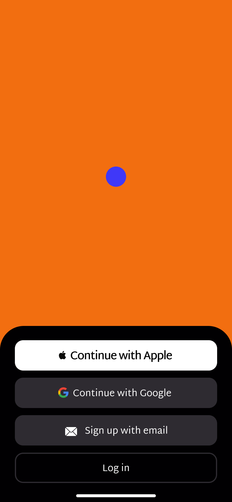Animated welcome on a colour field with typing phrase, Apple, Google, email sign-up and log in.